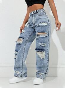 女士美式街头风个性化做旧直筒牛仔裤 - 寶藍色 - 查看 5