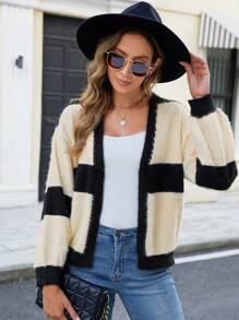 Chiquease 女士宽条纹印花撞色休闲长袖开衫，色块 - 彩色 - 查看 4