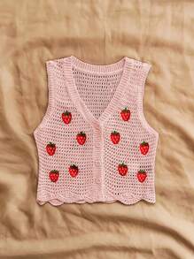 Soleia Women's Strawberry Decor Cardigan Sweater Vest For Vacation - Dusty Pink - View 5