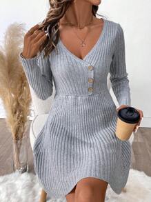 SHEIN LUNE Women's Single-Breasted Slim Fit V-Neck Long Sleeve Sweater Dress Fall Cloth For Women - Grey - View 4