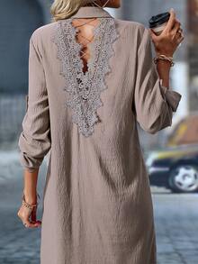 SHEIN LUNE Váy đuôi én đơn hàng khuy đơn cổ chữ V xếp nếp thường ngày - Rỉ Nâu - Xem 3