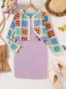 2 buc/Set Tween Girls Cardigan cu mânecă lungă cu un singur piept și rochie cu bretele spaghetti de culoare uni - Violet Purple - Vizualizare 4