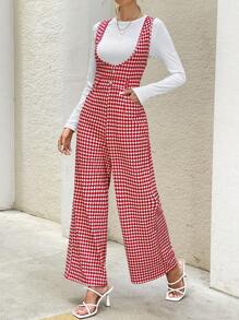 SHEIN Clasi 女式千鸟格设计直腿休闲宽松连体裤新年服装 - 紅色 - 查看 5