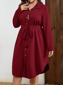 EMERY ROSE Đầm dài tay cài nút màu trơn thường ngày cỡ lớn cho nữ - Màu Đỏ Sâu - Xem 3
