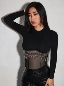 VaVaBold Spring/Winter Casual Long Sleeve Black Bodysuit,Cowgirl Fashionable Solid Color Mock Neck Slim Fit Bodysuit With Rhinestone Tassel,Women's Sheer Mesh Contract Rib-Knit Bodysuits,Carnival Night Romantic Party Valentine's Day Outfits,Punk Rock Sequin Fringe Top,Club/Rave Music Festival/Night Out Clothes - Black - View 5