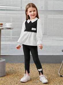 SHEIN 2 piezas Conjunto de blusa con mangas abullonadas y pantalones de bloque de color elegante para niña joven