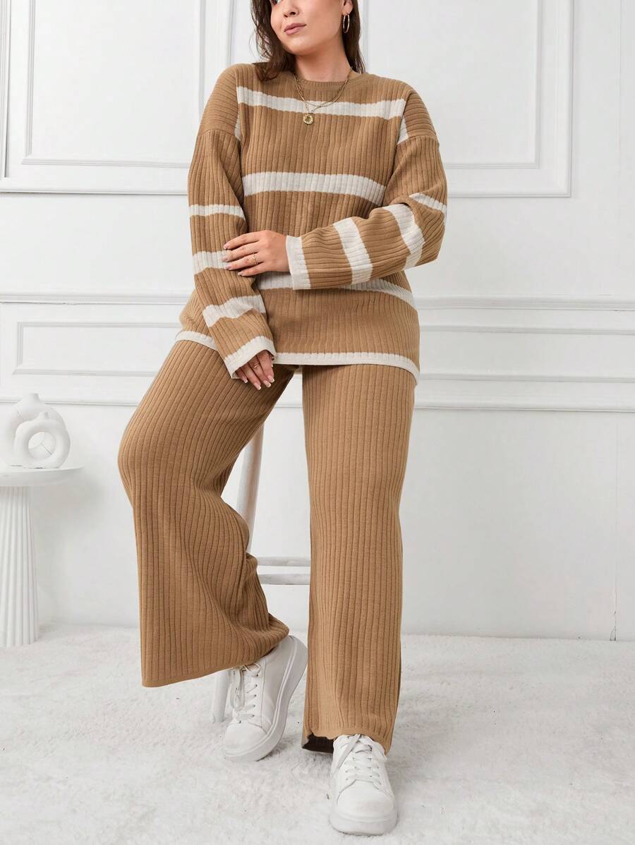 EURMUSE STRIPE DESIGN PLUS SIZE SWEATER CO-ORDS, For Winter - Multicolor - View 1