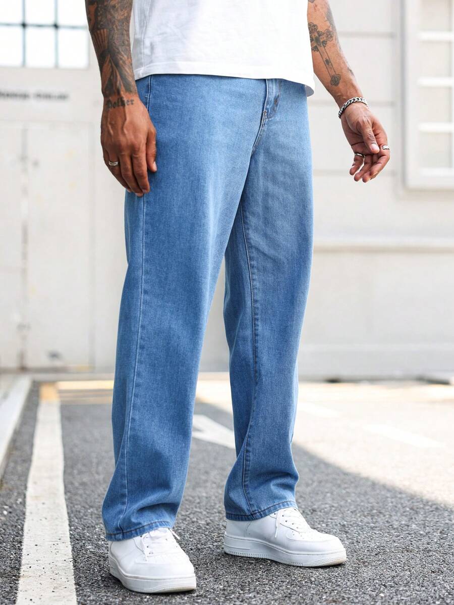 Manfinity Homme Men's Relaxed Fit Solid Color Denim Jeans With Slant Pockets - Blue - View 1