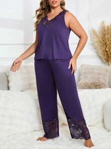 Bộ đồ ngủ liền thân cổ chữ V phối ren màu trơn cỡ lớn kèm quần dài, trang phục - Màu tím - Xem 5