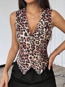 Chiquease Women's Sleeveless Leopard Print Front Button Casual Jacket,Fall Women Outfits - Multicolor - View 6