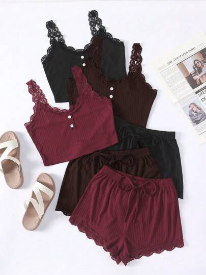 SHEIN 3件套女士纯色蕾丝拼布吊带上衣和短裤睡衣套装