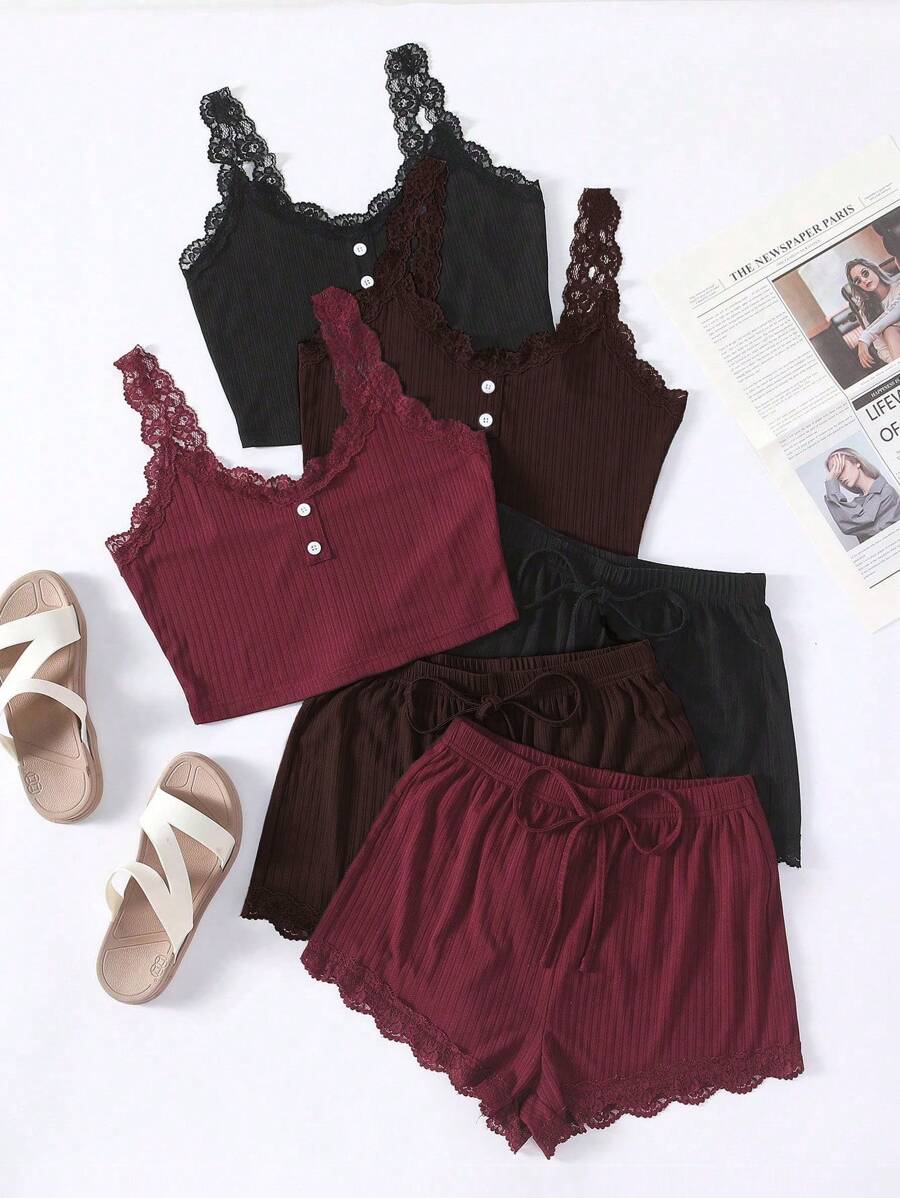 SHEIN Bộ đồ ngủ 3 món gồm áo hai dây phối ren màu trơn và quần short cho nữ - Nhiều màu - Xem 1