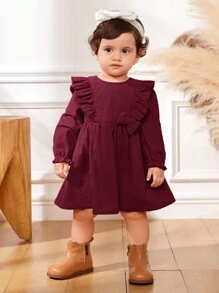 Cozy Pixies 女宝宝拼布荷叶边圆领长袖可爱连衣裙 - 酒紅色 - 查看 4