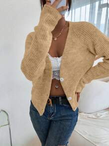 SHEIN LUNE Women's V-Neck Button Up Long Sleeve Loose Casual Cardigan - Khaki - View 1