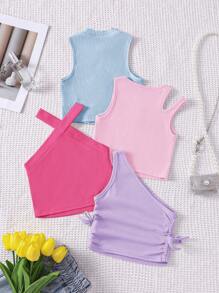 SHEIN 4 Stücke Kleine Mädchen Einfarbig Gestrickt Tailliert Kurzes Lässig Tank Top Set