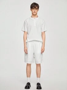 Chillumni Men's Textured Open Front Shirt And Shorts Casual 2 Pieces Set - White - View 2