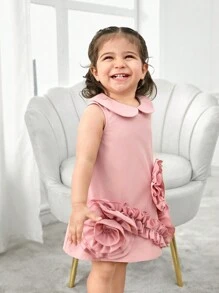 Vestido de gola floral 3D fofo sem mangas para bebês meninas, verão - Rosa - Ver 6