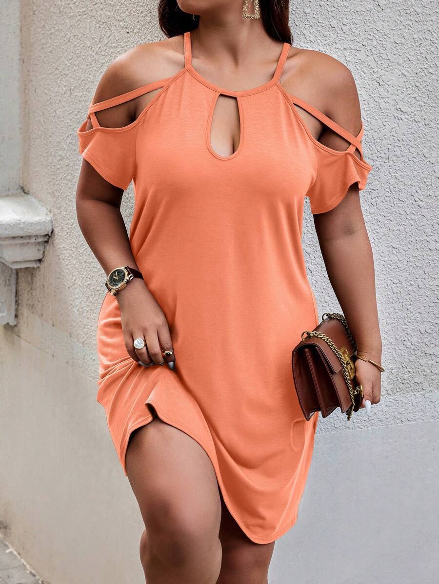 Calvaya 大码女式纯色镂空露肩简约休闲连衣裙 - 橘色 - 查看 1