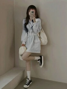 DAZY 女士实用连帽卫衣裙，短款，灰色，春夏秋装，秋季女装长袖连衣裙