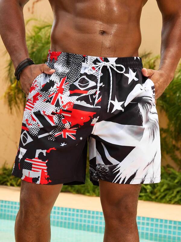 Surfspeed Shorts de playa de pierna ancha con estampado de águila de talla grande para hombre, con cintura elástica, para vacaciones