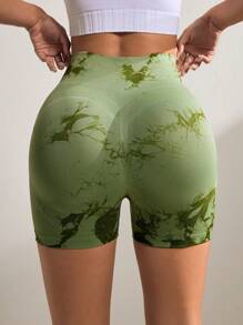 SHEIN Sports 1 件扎染印花无缝压缩运动短裤女士运动短裤、健身短裤、骑行短裤 - 薄荷綠 - 查看 2