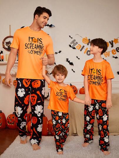 SHEIN Tween Boy Halloween Themed Letter Print T-Shirt And Cartoon Pattern Pants, Comfortable And Flame Retardant Pajama Set, 2 Pieces - Daddy And Me Matching Outfits (3 Sets Sold Separately)