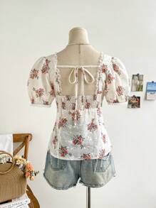 Soleia Camicia con maniche a sbuffo da donna con scollo quadrato, romantico bordo in pizzo e tessuto con texture vintage multicolore