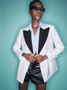 Maija Damen Modischer Farbblock Kragen Doppelreiher Blazer Jacke für Frühling und Herbst