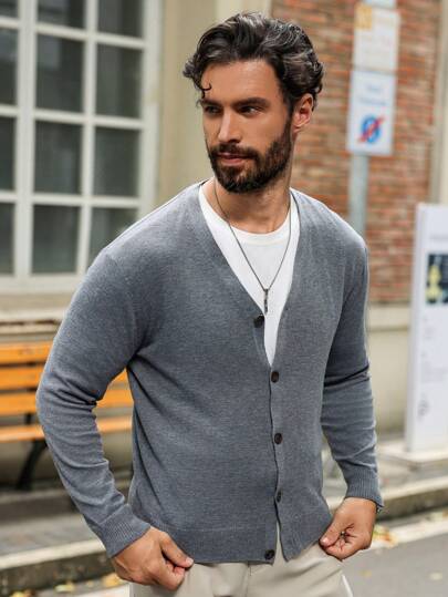 Manfinity Homme Camisa casual de manga larga con botones de unicolor para hombres, para otoño e invierno