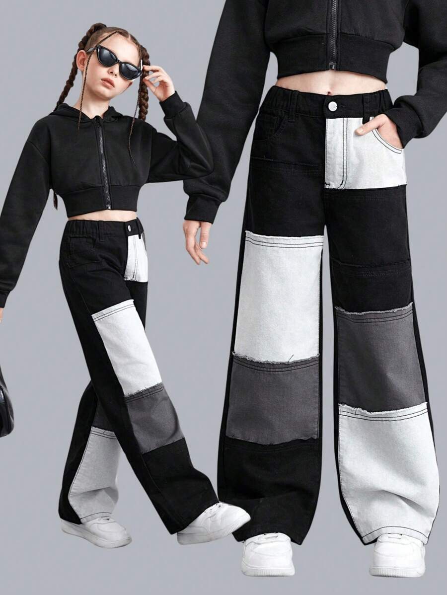 SHEIN Explorewe Tween Girls' Furry Y2K Patchwork Long Denim Jeans - Black and White - View 1