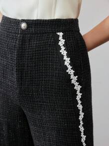 MOTF PREMIUM TWEED FLORAL LACE TRIM SEAM FRONT SUIT PANTS - Black and White - View 3