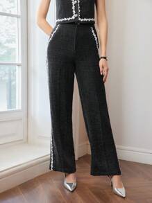 MOTF PREMIUM TWEED FLORAL LACE TRIM SEAM FRONT SUIT PANTS - Black and White - View 7