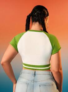 THE POWERPUFF GIRLS X SHEIN Plus Size Women's White Tight Fit Splice Sleeve Colorblock Striped Heart Graphic Sweater - Green - View 2