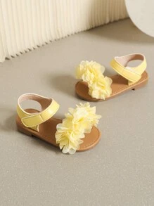 漂亮女孩花朵平底儿童凉鞋，夏季 - 黃色 - 查看 5
