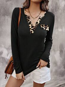 SHEIN Camiseta de manga larga con cuello en forma de corazón, estampado de leopardo en parches de unicolor, gráfico de estampado de guepardo, para uso diario - Blusas y tops de mujer para atuendos de primavera