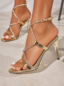 CUCCOO SZL Giày nữ Giày cao gót thời trang có đính đá Rhinestone quai ngang Giày cưới cho kỳ nghỉ mùa xuân và mùa hè Giày mùa hè Tiệc gợi cảm Baddie Chic Phong cách tuyệt đẹp Halloween - Vàng - Xem 5