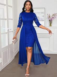 SHEIN Lady Vestido elegante de fiesta de Navidad de otoño e invierno con cuello redondo de encaje azul asimétrico y fluido