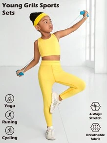 SHEIN Bộ đồ thể thao co giãn nén thoải mái cho bé gái, màu vàng, bao gồm áo ba lỗ và quần legging để chạy và đạp xe, thấm ẩm và thoáng khí - Màu vàng - Xem 1