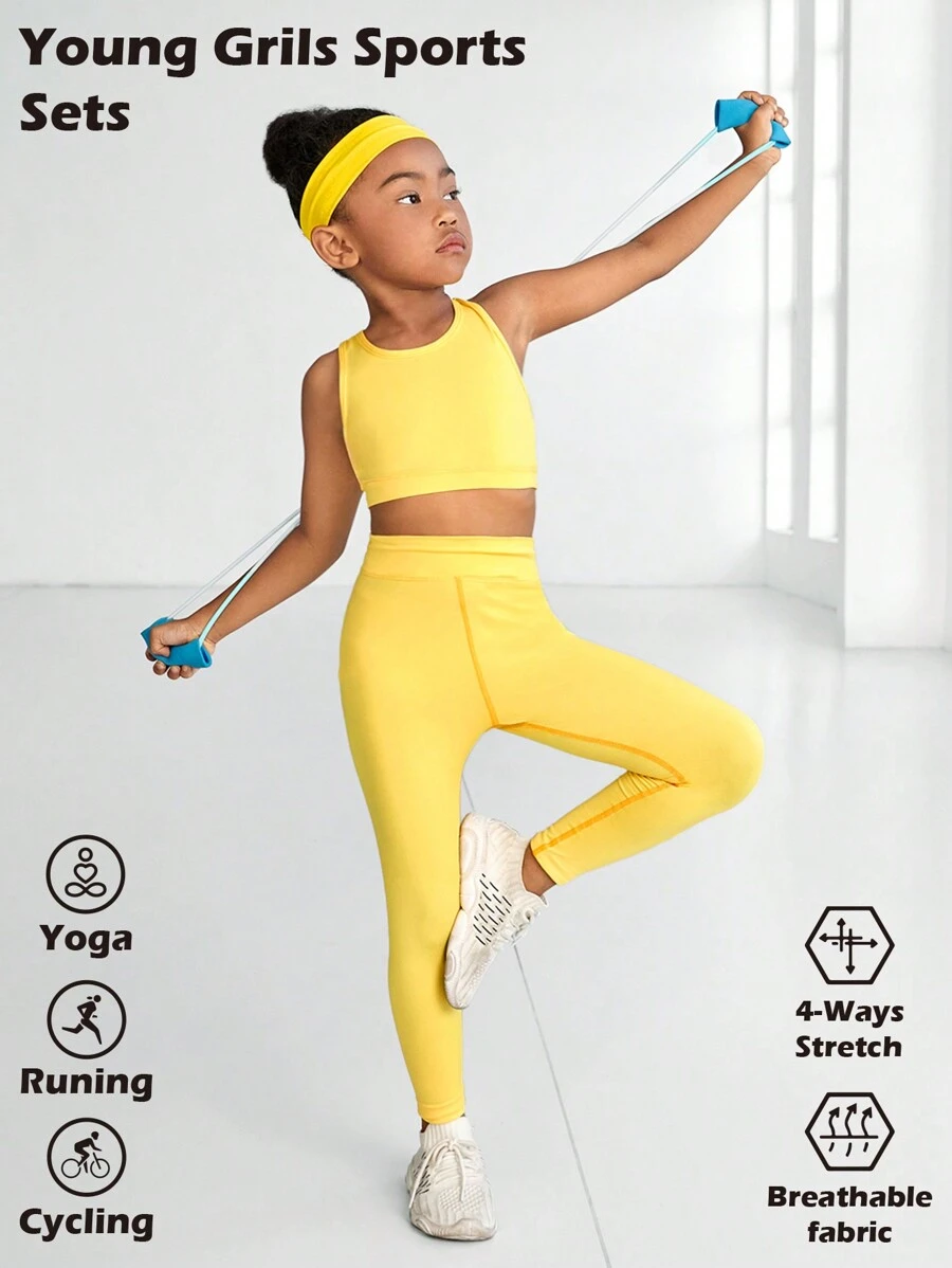 SHEIN Bộ đồ thể thao co giãn nén thoải mái cho bé gái, màu vàng, bao gồm áo ba lỗ và quần legging để chạy và đạp xe, thấm ẩm và thoáng khí - Màu vàng - Xem 1