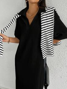 Seusyu Black Drop Shoulder Collar Split Dress - Black - View 7