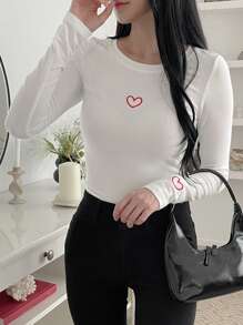 DAZY 女式圆领长袖心形印花休闲衬衫，秋季服装 - 白色 - 查看 5