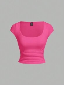 SHEIN Essnce 2 chiếc áo thun ngắn tay cổ tròn có dây thắt eo cho nữ, áo mùa hè - Màu Hồng Tươi - Xem 5