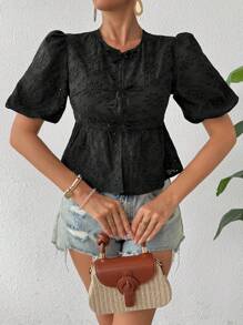 Breezaya Hollow-Out Jacquard Tie Front Puff Sleeve Blouse - Black - View 3