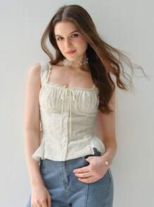 Enchnt 女士浪漫花卉刺绣夏季系带假荷叶边厚肩性感背心