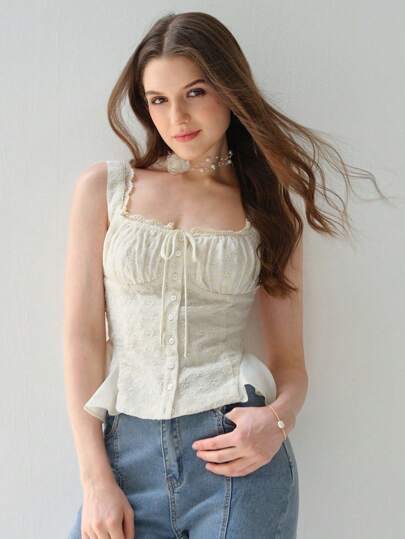 Enchnt Top de tirantes sexy con hombros gruesos, bordado floral romántico, encaje y cordones para mujer, ideal para el verano