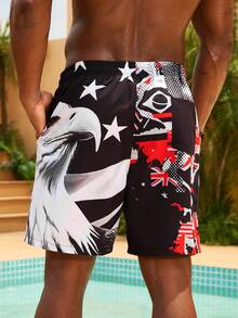 Manfinity Swimmode Shorts de playa de pierna ancha con estampado de águila de talla grande para hombre, con cintura elástica, para vacaciones