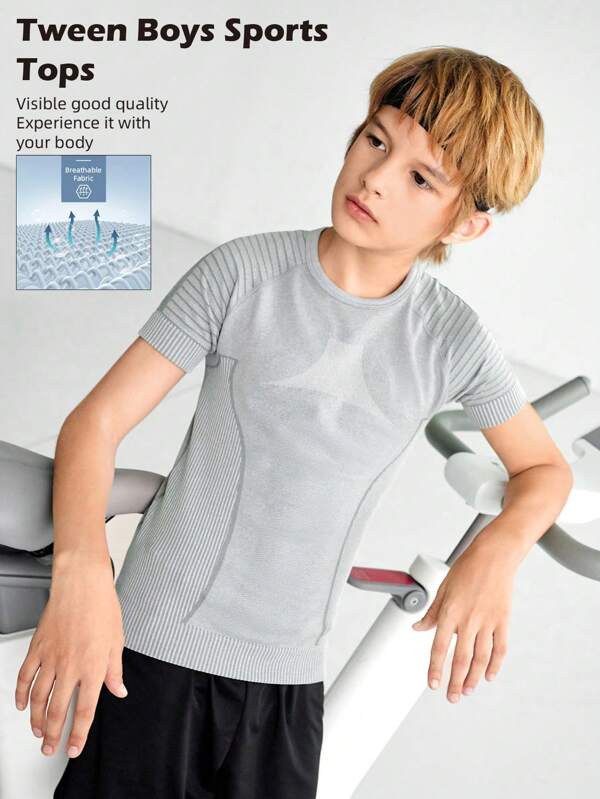 SHEIN Tween Boys Seamless Yoga,Fitness,Running Training Breathable Elastic Comfortable Grey T-Shirt
