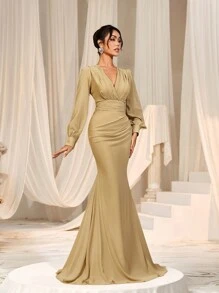 Faeriesty Elegant Cross-Over V-Neck Lantern Sleeve Mermaid Hem Dress - Sophisticated Timeless Design For Spring/Summer Weddings, Galas, Red Carpet