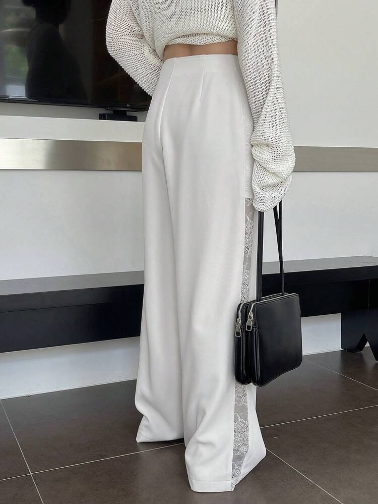Women Solid Color Contrast Lace Wide-Leg Pants