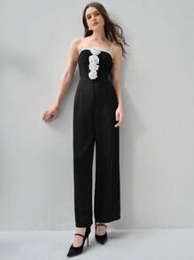 Enchnt 女士拼色 3D 花卉装饰吊带背心简约日常连体裤 - 黑色 - 查看 3